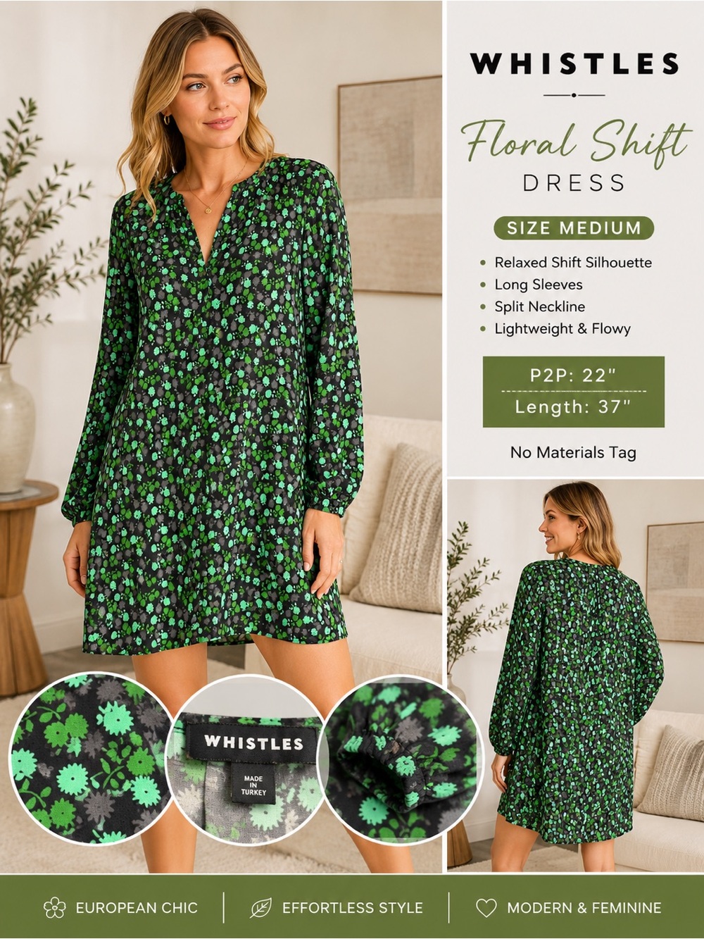 Whistles Green Floral Print Shift Dress Size Medium